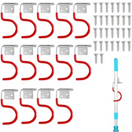 Garden Tool Holder Metal Hooks, Pack of 15 Tool Holder Red Hooks, Broom Holder Tool Holder, Rubber Coating Garden Tools, with 30 Pieces Screws, Garden Tool Holder for Garage Organiser Systems