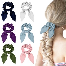 Yonchic 6-Piece Fashion Rabbit Ear Bow Hair Scrunchies for Women & Girls, Cute Satin Scarf Ponytail Holder Hair Ties, Elastic Hair Accessories for Women's Thin & Thick Hair (Solid Color)