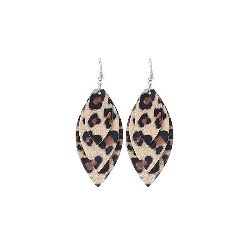 Lightweight Petal Leather Earrings Three Layered Teardrop Dangle Leaf Shape