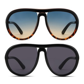 TruFabV Vintage Oversized Aviator Sunglasses for Women Men, 70s Retro Round Glasses (Black+Black/Yellow Tortoise)