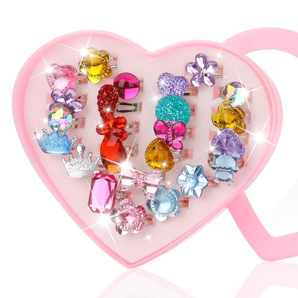 Hifot 24 pcs Girls Crystal Adjustable Rings, Princess Jewelry Finger Rings with Heart Shape Box, Girl Pretend Play and Dress up Rings for Children Kids Little Girls