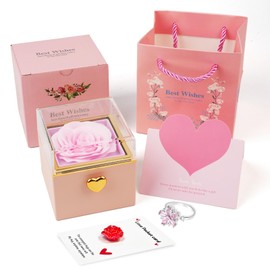 mountova Preserved Rose Flip Jewelry Box Gift Set – Eternal Flower in Acrylic Case, Gift Bag & Box, Romantic Birthday Gift for Women Mom Wife Girlfriend, Valentine’s Day, Mother's Day -Pink