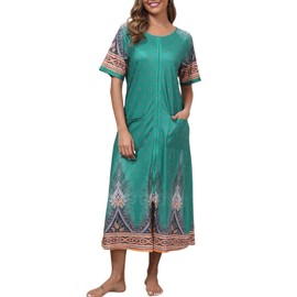 YARISNEY Zipper Robe for Women Short Loungewear Calf Length House Dress Soft Bathrobe with 2 Pockets (G Feather,XXL)