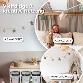 LILIMAUS Star Bunting Fabric [with Gold Appliqué in 12 Colours] Bunting Children's Room - 100% Cotton Handmade - Muslin Bunting - House Bed Decoration Girls & Boys - Decorative Baby Room