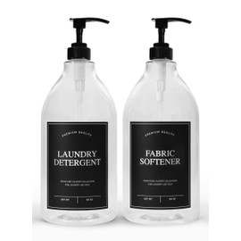 Calindiana Laundry Detergent Dispenser for Laundry Room Organization, Clear 64oz PET Plastic Landry Soap Containers with Black Water Resistant Labels, Black Pumps and Screw Caps, Collapsible Funnel