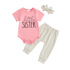 wybzd Little Sister Newborn Outfit T-Shirt Romper Top And Pants Sets Baby Coming Home Hospital Clothes Summer Clothing (A Pink Little SIS, Newborn)