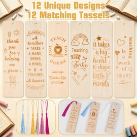 12 Set Wooden Teacher Bookmark with Tassel, Teacher Appreciation Gifts, Reading Bookmarks Gift for Teachers Christmas Thank You and Retirement