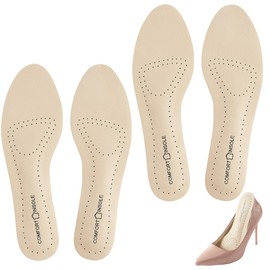 Leather Insoles for Women - Self-Adhesive Shoe Inserts for High Heels/Flats/Boots- Sandal Inserts for Sweaty Feet-Sockless Shoe Liners (Beige-Rounded, 5-6)