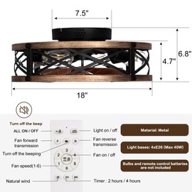 SabvioZh Farmhouse Caged Ceiling Fan with Light Flush Mount, Small Fandelier Low Profile Ceiling Fan with Light, Rustic Bladeless Ceiling Fans with Lights and Remote for Kitchen, Bedroom, 6 Speeds
