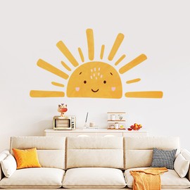 Smiling Half Sun Wall Decal, Here Comes The Son Sticker Baby Shower Decor, Sunrise Decoration Sticker, Cartoon Smiley Sun Decal, Kids Room Sun Wall Art Decoration