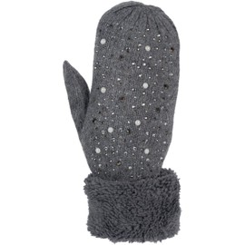 styleBREAKER 09010039 Women's Warm Winter Knitted Mittens with Rhinestones and Pearls Thermal Fleece Knitted Gloves, gray