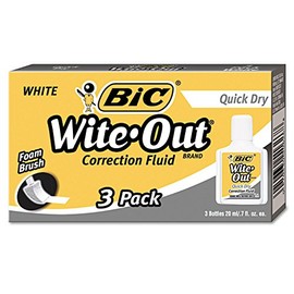 BIC WOFQD324 Wite-Out Quick Dry Correction Fluid, 20 ml Bottle, White, 3/Pack