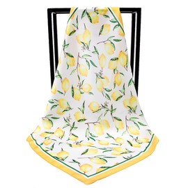 NaSoPerfect Silk Like Scarf Square Handkerchief Lemon Pattern Satin Ribbon Neck Scarfs for Women Yellow 21" x 21"