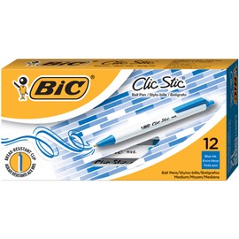 BIC Clic Stic Blue Retractable Ballpoint Pens, Medium Point (1.0mm), 12-Count Pack, Round Barrel Design for Comfortable Writing