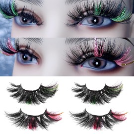Holzsammlung False Eyelashes, 2 Pairs Colourful Sparkle Eyelashes, 25 mm, Fake Lashes, Artificial Eyelashes, 3D Curl Lashes, Faux Mink False Eyelashes, Reusable, Wispy, Fluffy, Shiny Eyelash Extension
