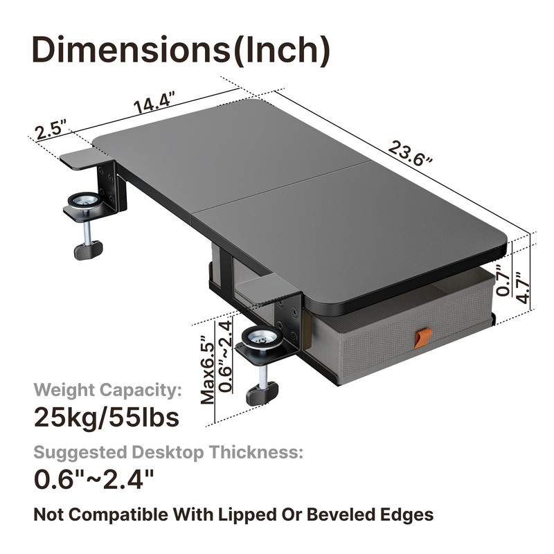 PEGZONE Desk Extender Tray, 24" x 14.4" Clamp On Desk