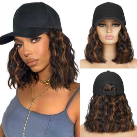 HANYUDIE Hat Wig for Women Wig Cap with Curly Hair Extensions Hat with Hair Wave Adjustable Baseball Hat Wigs