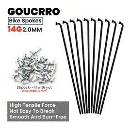 goucrro 14G Bike Spokes 2mm Bicycle Spokes MTB Road Bike Wheels Black Spokes Steel 76mm-305mm with Nipples 38pcs(Black,14G-210mm)
