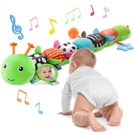 AWOTOY Baby Toys 6-12 Months Music Caterpillar Infant Toys Stuffed Animals 0-3-6 Months Tummy Time Teething Sensory Toys with Mirror Rattle&Pull String for Boys Girls Birthday Gifts|Grass Green,Leafy