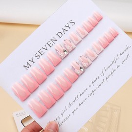 IMSOHOT Duck Press on Nails Pink French Tips Fake Nails Duck Feet Style False Nails with Rhinestone & Flower Designs Glossy Flared Nail Tips Gel Acrylic Glue on Duckbill Nails 24Pcs