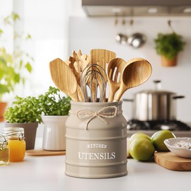 Barnyard Designs Ceramic Farmhouse Kitchen Utensil Holder for Countertop, Decorative Kitchen Utensil Holder, Large Kitchen Utensil Holder for Kitchen Counter, Utensil Crock Spatula Holder, 6.75" Taupe