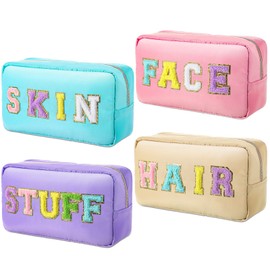 4 Pcs Nylon Cosmetic Bag Chenille Letter Cosmetic Pouch Zipper Preppy Makeup Bag Waterproof Hair Bag with Patches Makeup Organizer Bag Set for Women (Colorful, Stuff, Face)