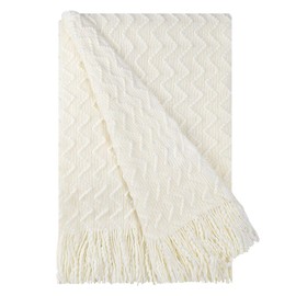 PiccoCasa 100% Acrylic Knit Throw Blanket Wave Pattern Soft Lightweight Decorative Knitted Blanket with Tassels Fringe for Couch, Bed, Sofa, Travel, 50x60 Inch, Cream White