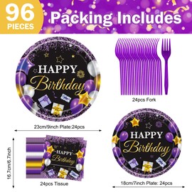 Birthday Plates and Napkins, Purple Party Decorations Purple Birthday Party Plates Napkins Purple and Black Happy Birthday decorations for Women, Girls 24 Guests