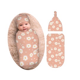 Daisy Baby Stuff Pink Swaddle Blanket with Beanie Set, Soft and Stretchy Newborn Baby Blanket Swaddle Sack for Boy and Girl