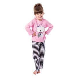 Girls' two-piece cotton pyjamas, long sleepwear, children's pyjamas, kitten - pink, size: 92-98