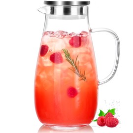 LUNA & MANTHA Glass Pitcher with Lid, Water Pitcher for Fridge, 64oz Drink Jug with handle, Borosilicate Glass for Iced Tea, Juice, Milk, Coffee Hot Cold Beverages Carafe 2 Quart