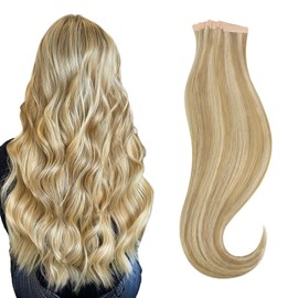 HOTBANANA Tape in Hair Extensions, 18 Inch Straight Human Hair, 20pcs 50g Light Blonde Highlighted Golden Blonde Balayage (Ash Tone)