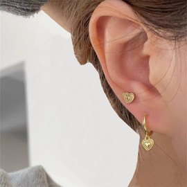 Dainty Heart Love Small Huggie Hoop Earrings for Women Girls 925 Sterling Silver Tiny Cute Charms Dangle Drop Cartilage Hypoallergenic Minimalist Jewelry Gifts (14K Gold Plated)