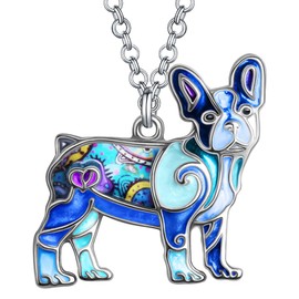 DUOWEI - Collar de metal esmaltado con diseño de perro bulldog francés con forma de corazón y diamantes de imitación azul