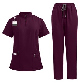 Meichoon Women's Medical Care Uniform Stand-up Zipper Top with Four Pockets Stretchy Yoga Pants Sweat Absorbent and Quick Drying DK50Wine Red M
