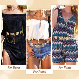 JIEYAO Western Concho Chain Belt, Adjustable Metal Waist Chain, Cowgirl Boho Belts for Women Country Concert Outfit for Dress(Gold)