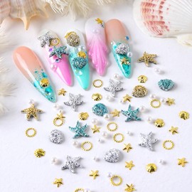 ITPOYOL 50 PCS Beach Nail Art Charms 3D Ocean Theme Nail Charms and Gems Sea Shell Summer Starfish Dolphin Fishtail Rhinestones Pearls Jewelry Accessories for Women DIY Manicure Decorations Supplies