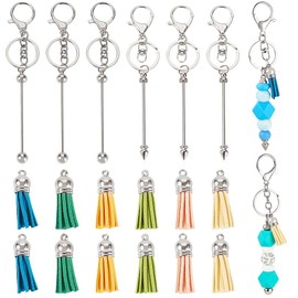 FASHEWELRY 12 Pcs Beadable Keychains Bars Bulk with Tassel Pendant Decoration Platinum Key Chain Making Kit Cute Beaded Keychain for Women Men DIY Craft Bag Purse Key Accessories