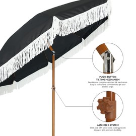 AMMSUN AMMSUN 7ft Patio Umbrella with Fringe Outdoor Tassel Umbrella UPF50+ Premium Steel Pole and Steel Ribs Push Button Tilt, Black