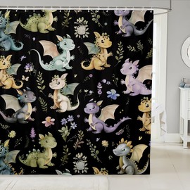 Feelyou Cartoon Dragon Bath Curtain 72"x78" Cute Animal Theme Shower Curtain Ancient Wildlife Dragon Deep Animal Floral Botanic Bathroom Shower Curtain Set Decor Black Kids Bathroom Accessories