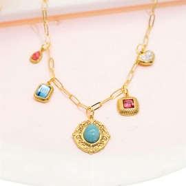 Chunky Charm Necklace for Women Fruit Seashell Beach Charms Necklace Sun Moon Coins Silver Paperclip Chain Charm Necklaces (Turquoise Rhinestones necklace)