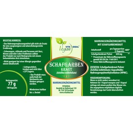 VITA IDEAL Vegan Sheep Yarrow – Herb 180 Capsules – Millefolii Hb, Yarrow – Sheep Yarrow – Daily Serving 650 mg Sheep Yarrow Pure Powder Vegetable Natural & No Additives