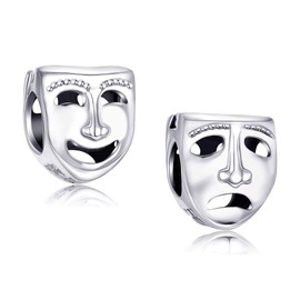 Two Face Tragedy Theater Mask Charm 925 Sterling Silver Bead fits European Band Bracelet or Necklace