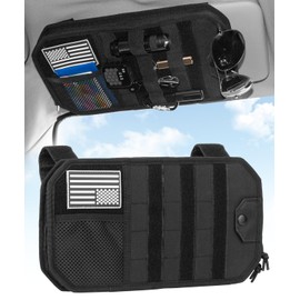 DEEPLITE Car Sun Visor Organizer with Double Zipper Multi-Pockets & Glasses Clip, Semi-Rigid Molle Panel with Patch for Driving Essentials - Heavy Duty Straps Fits Most Vehicles,SUV,Trucks