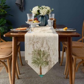 Vintage Palm Trees Table Runner Linen Burlap Table Runner 60 Inches Long Summer Tropical Botanical Beige Burlap Dresser Scarves for Kitchen Island Coffee Dining Room Party Holiday Decoration 13"x60"