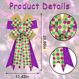 ALIBBON Large Mardi Gras Bows for Wreaths, Mardi Gras Wreath Bows, Glitter Purple Gold Green Bows, Buffalo Plaid Bows for Front Door, Mardi Gras Decorations Bows for Mardi Gras Carnival Decor