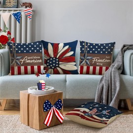 MODOVOS 4th of July Pillow Covers 18x18 Set of 4 God Bless America Stars Flower Independence Day Decorations Let Freedom Ring USA Flag Memorial Day Patriotic Throw Cushion Case for Sofa Couch