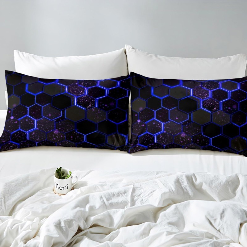Black Navy Blue Honeycomb Duvet Cover Neon Hexagon Comforter Cover