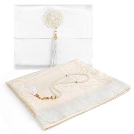 Muslim Prayer Mat Cream with Prayer Beads Fabric Bag, Prayer Mat for Men Women, Ramadan, Bayram Gifts, Islamic Prayer Mat, Seccade Namaz, Sajadah, Janamaz, Prayer Rug Mat
