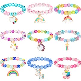 Hicarer 9 Pieces Colorful Unicorn Bracelet Girls Rainbow Unicorn Bracelets Unicorn Cute Beaded Jewelry Bracelet for Gift Goodie Bag Stuffers Birthday Party Favors Pretend Play (Elegant Style)